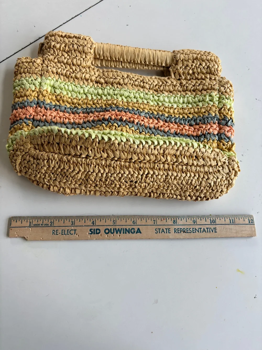 O'Neill Woven Straw Clutch with Green, Orange & Blue Stripes